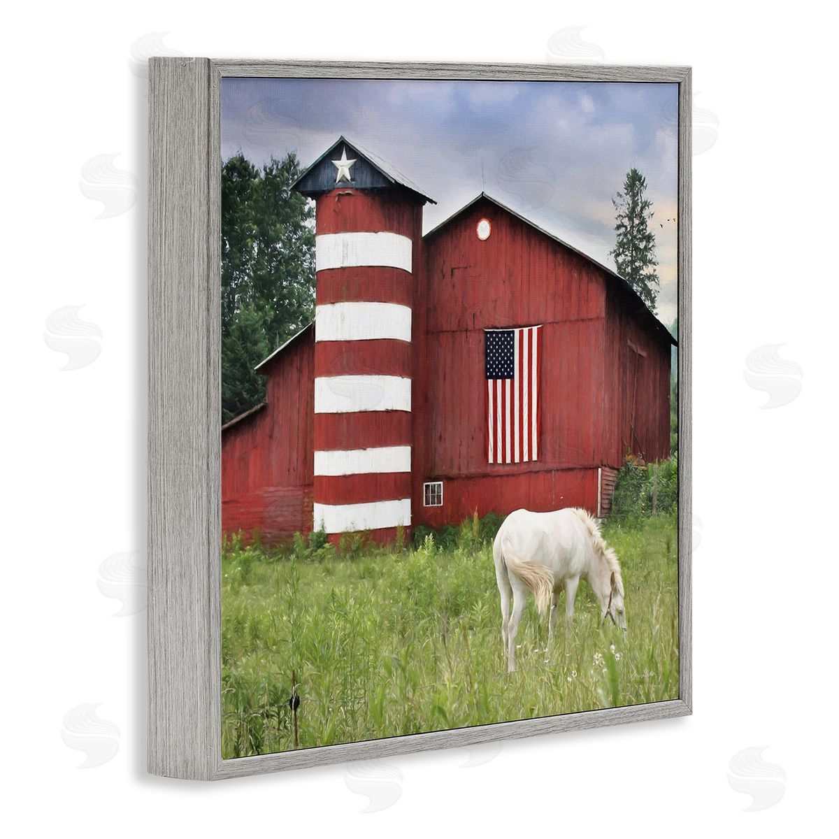 Lori Deiter Grazing White Horse Red Americana Barn Flag  Gray Framed Glicee Wall Art Print