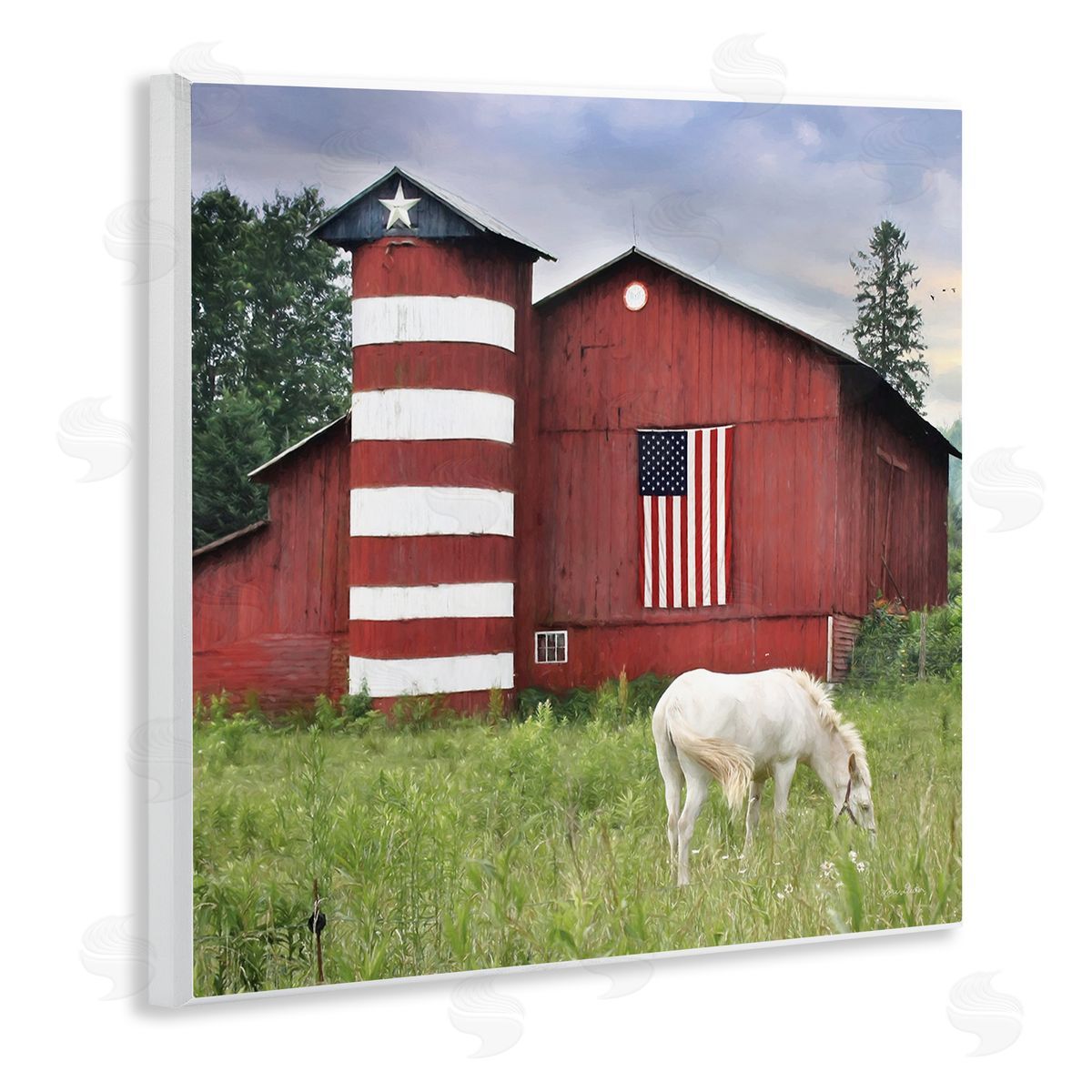 Lori Deiter Grazing White Horse Red Americana Barn Flag  Wooden Wall Plaque Art Print