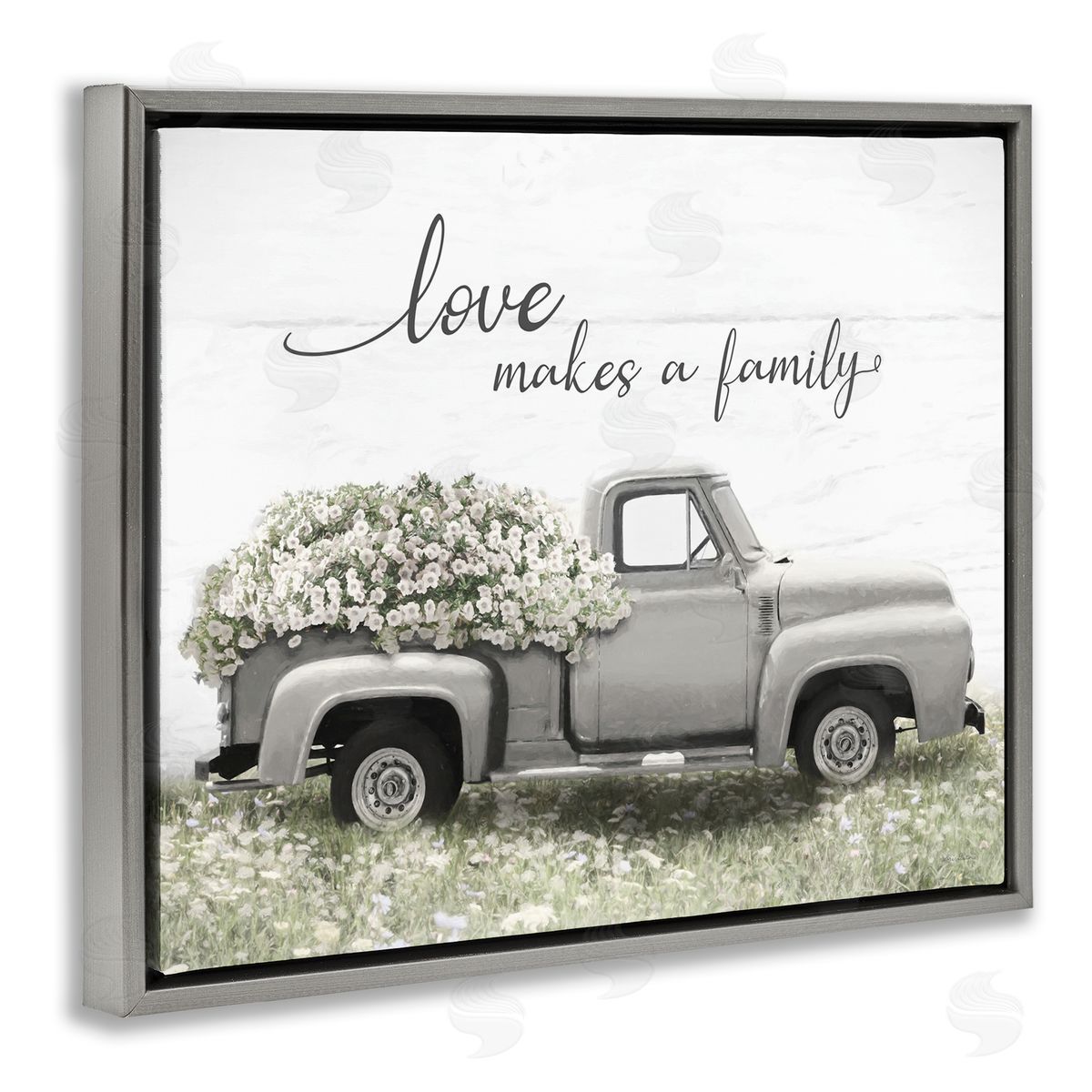 Lori Deiter Love Makes Family Flower Blossom Filled Truck  Gray Floating Frame Canvas Wall Art Print