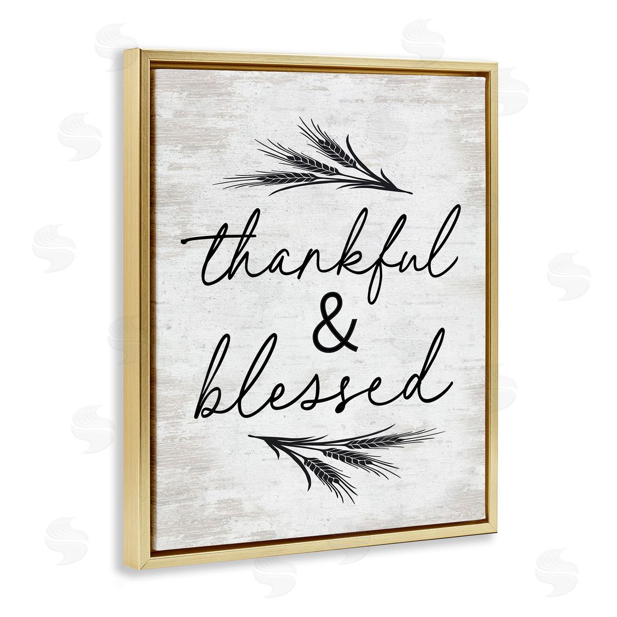 Lettered and Lined Thankful & Blessed Rustic Wheat Sprig  Gold Floating Frame Canvas Wall Art Print