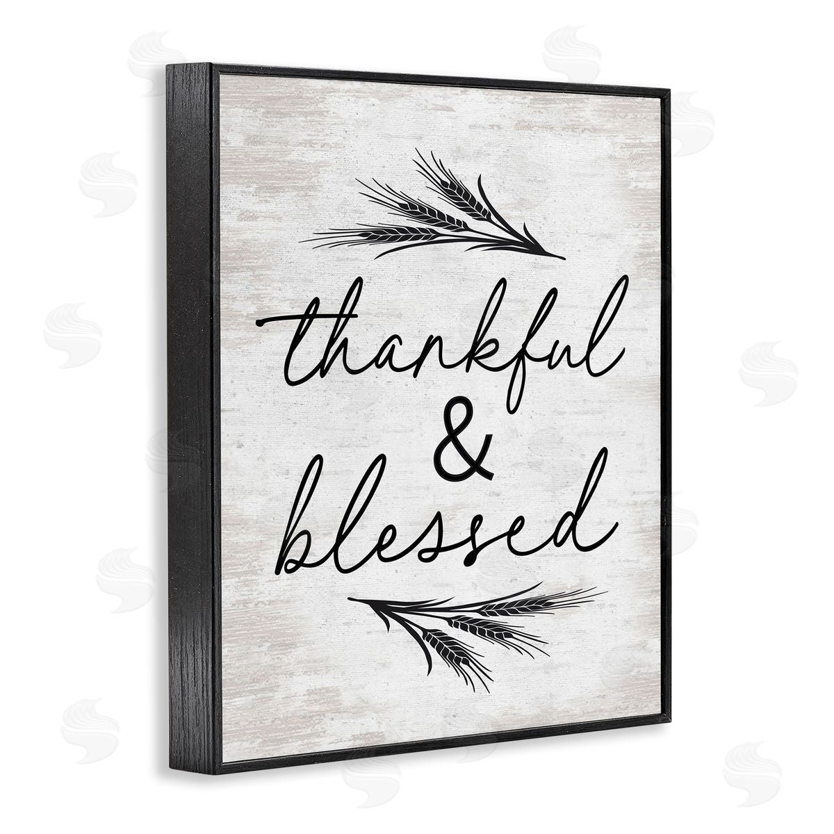 Lettered and Lined Thankful & Blessed Rustic Wheat Sprig  Black Framed Giclee Wall Art Print
