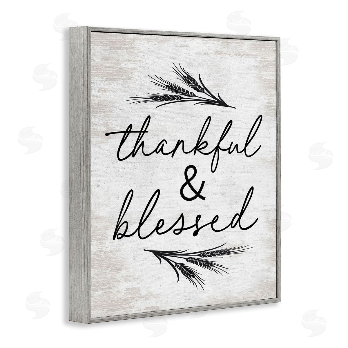 Lettered and Lined Thankful & Blessed Rustic Wheat Sprig  Gray Framed Giclee Wall Art Print