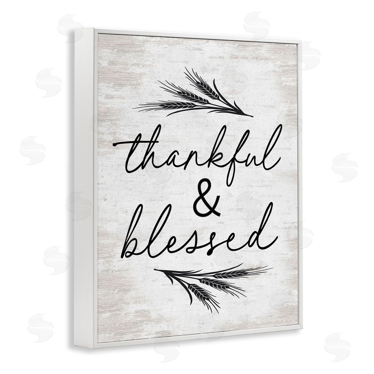 Lettered and Lined Thankful & Blessed Rustic Wheat Sprig  White Framed Giclee Wall Art Print