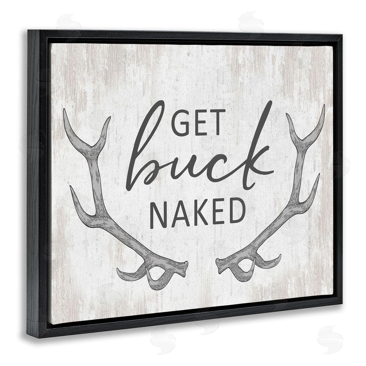 Lettered and Lined Get Buck Naked Witty Rustic Animal Antlers  Black Floating Frame Canvas Wall Art Print