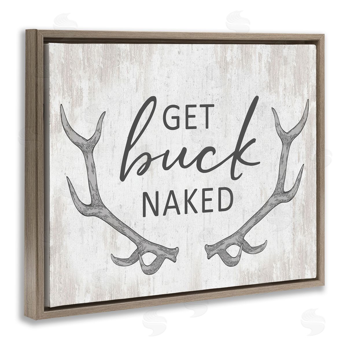 Lettered and Lined Get Buck Naked Witty Rustic Animal Antlers  Brown Floating Frame Canvas Wall Art Print