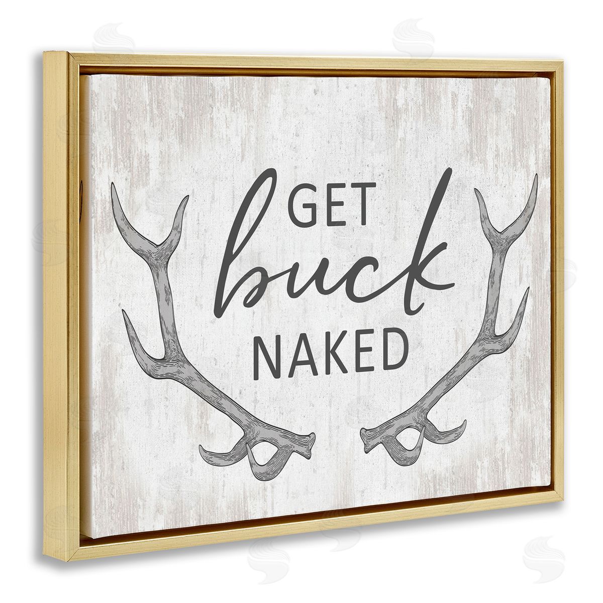 Lettered and Lined Get Buck Naked Witty Rustic Animal Antlers  Gold Floating Frame Canvas Wall Art Print