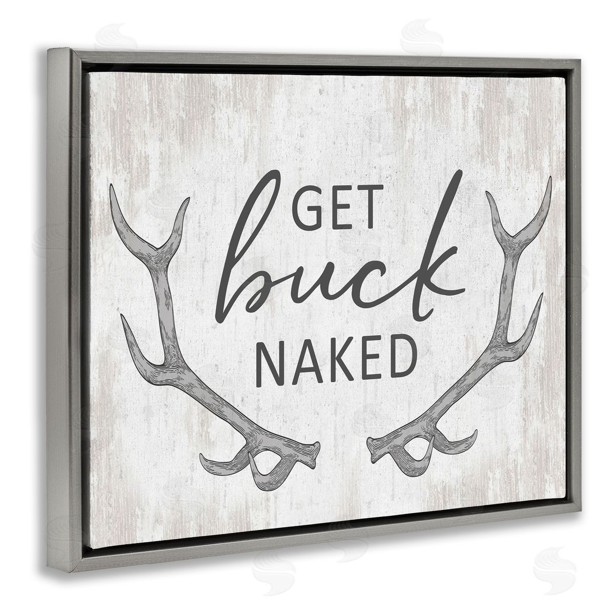 Lettered and Lined Get Buck Naked Witty Rustic Animal Antlers  Gray Floating Frame Canvas Wall Art Print
