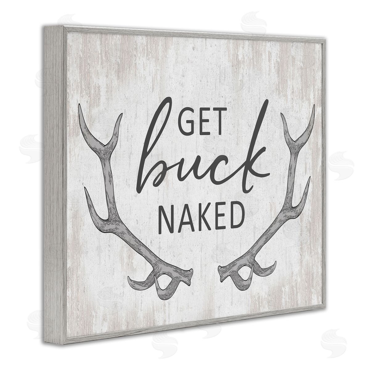 Lettered and Lined Get Buck Naked Witty Rustic Animal Antlers  Gray Framed Giclee Wall Art Print