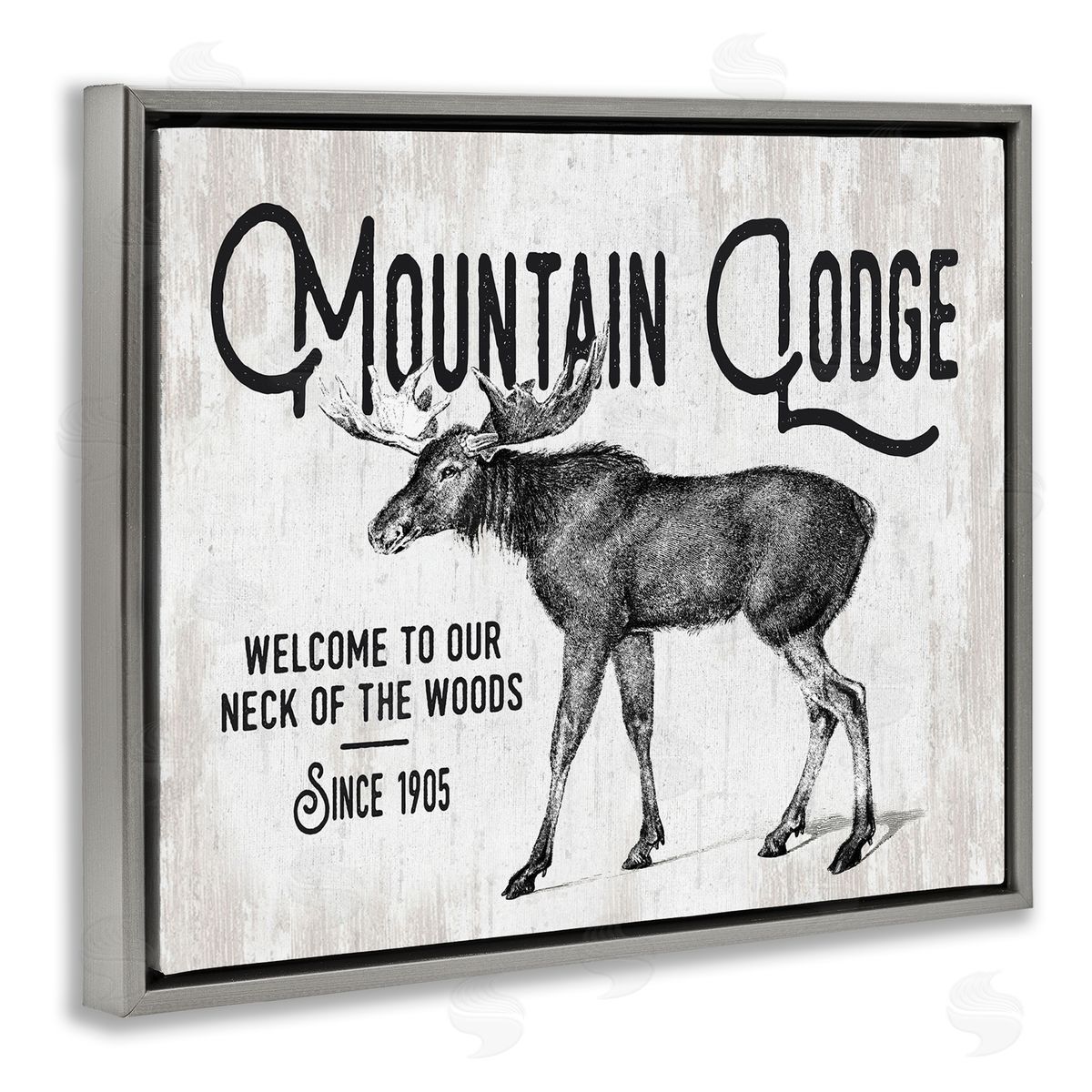 Lettered and Lined Rustic Mountain Lodge Vintage Moose Cabin Sign  Gray Floating Frame Canvas Wall Art Print