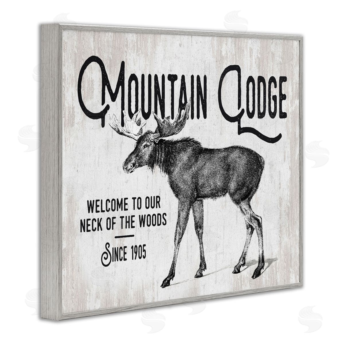 Lettered and Lined Rustic Mountain Lodge Vintage Moose Cabin Sign  Gray Framed Giclee Wall Art Print