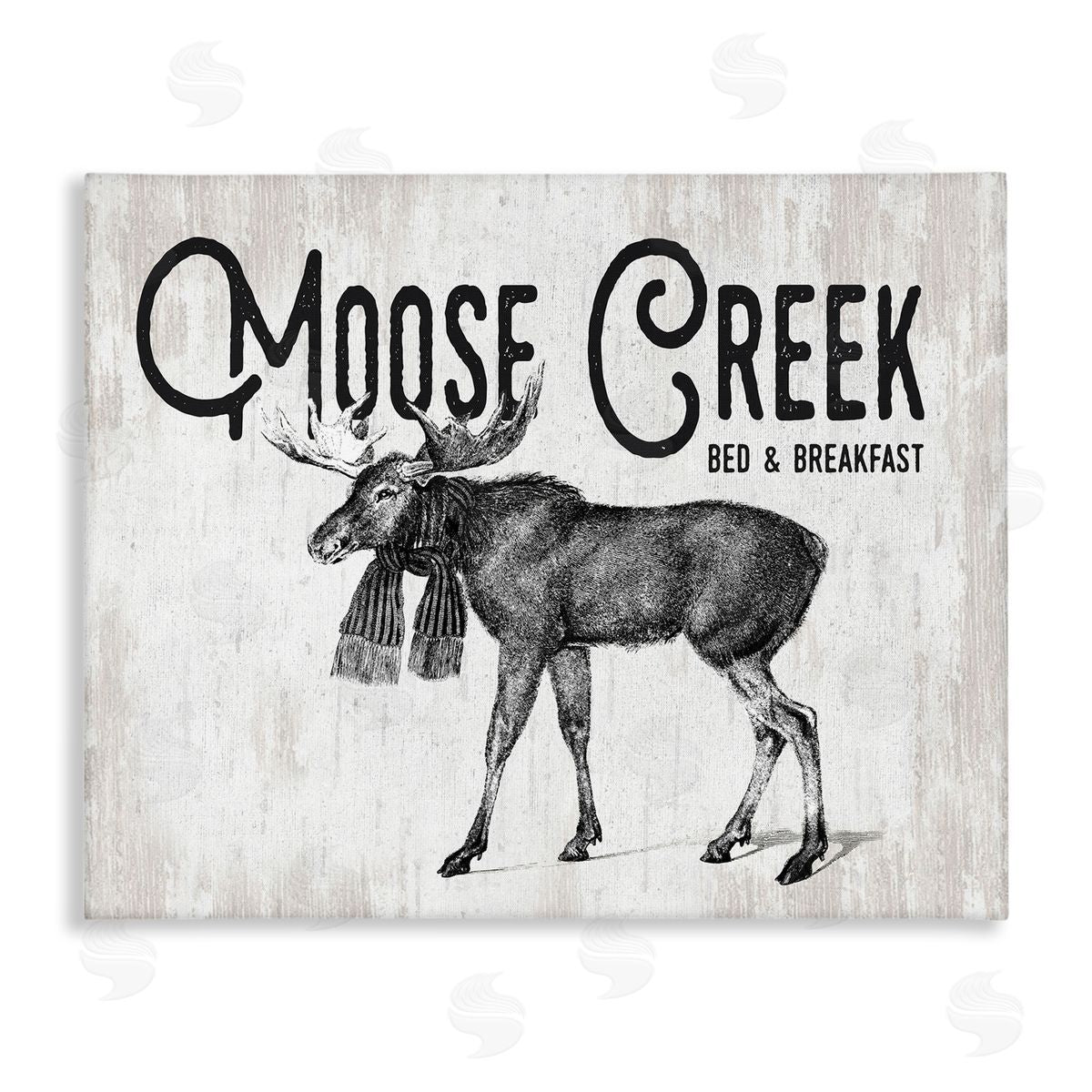 Lettered and Lined Moose Creek Bed & Breakfast Rustic Wearing Scarf  Stretched Canvas Wall Art Print