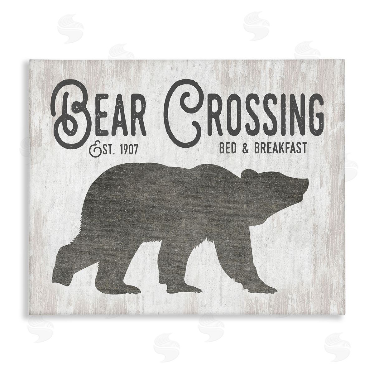 Lettered and Lined Bear Crossing Silhouette Wildlife Rustic Cabin Signage Stretched Canvas Wall Art Print