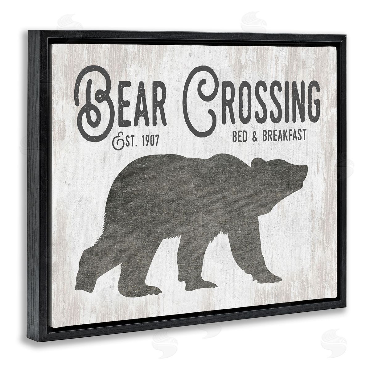 Lettered and Lined Bear Crossing Silhouette Wildlife Rustic Cabin Signage Black Floating Frame Canvas Wall Art Print
