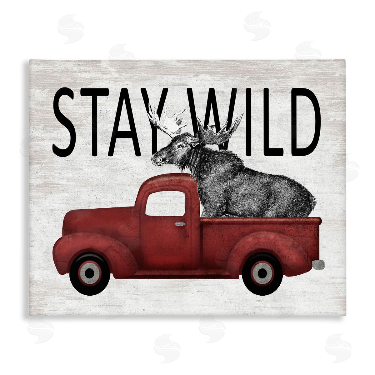 Lettered and Lined Stay Wild Moose Antique Red Pickup Truck Stretched Canvas Wall Art Print