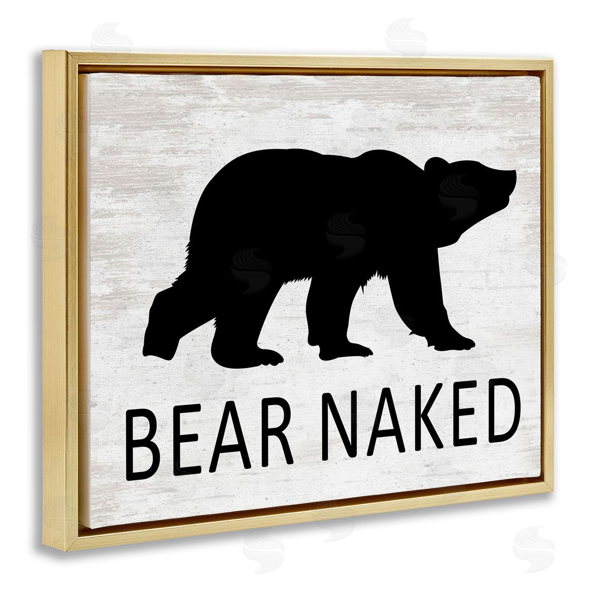 Lettered and Lined Bear Naked Humorous Cabin Typography Silhouette  Gold Floating Frame Canvas Wall Art Print