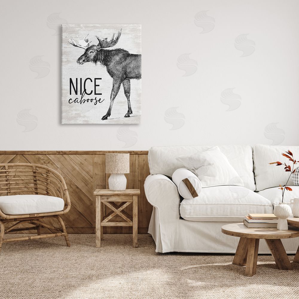 Lettered and Lined Nice Caboose Lake House Bathroom Humor Moose  Canvas Wall Art Print in Room