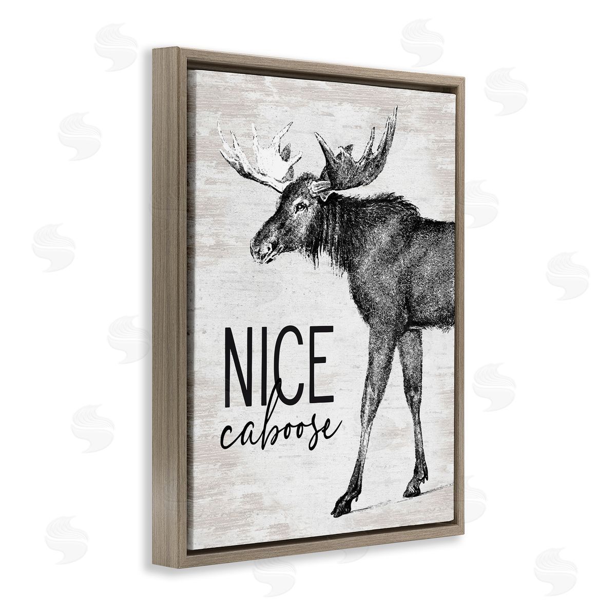 Lettered and Lined Nice Caboose Lake House Bathroom Humor Moose  Brown Floating Frame Canvas Wall Art Print