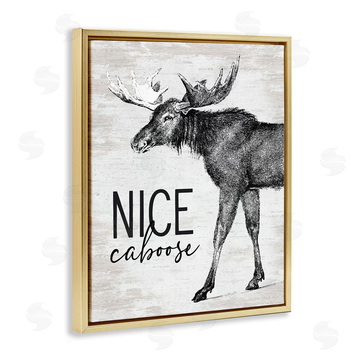 Lettered and Lined Nice Caboose Lake House Bathroom Humor Moose  Gold Floating Frame Canvas Wall Art Print