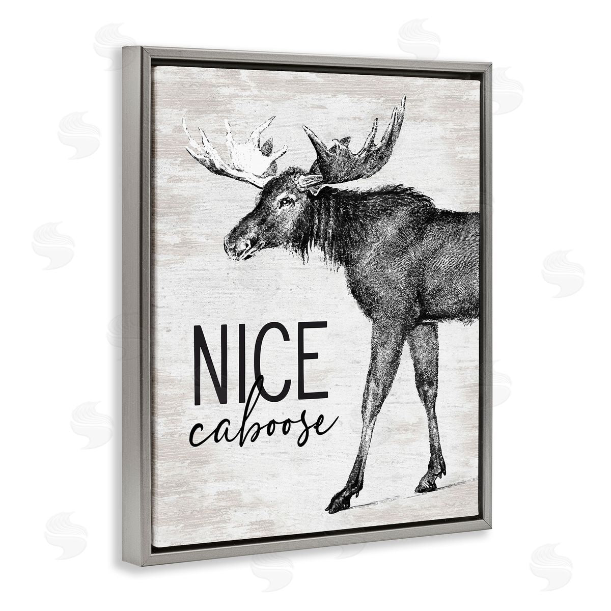 Lettered and Lined Nice Caboose Lake House Bathroom Humor Moose  Gray Floating Frame Canvas Wall Art Print