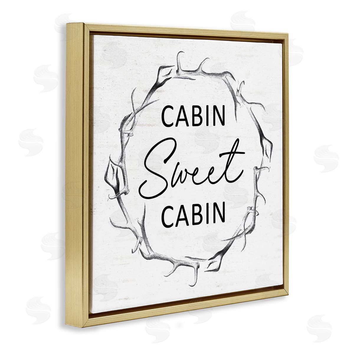 Lettered and Lined Sweet Cabin Phrase Wildlife Deer Antlers Border  Gold Floating Frame Canvas Wall Art Print