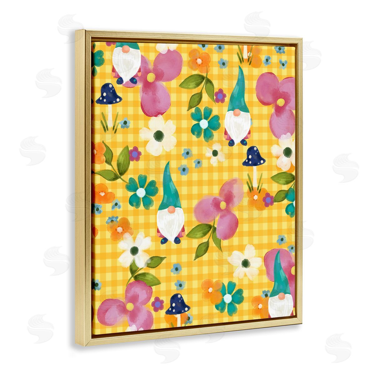 Laura Konyndyk Yellow Tartan Patterned Spring Gnomes Mushrooms  Gold Floating Frame Canvas Wall Art Print