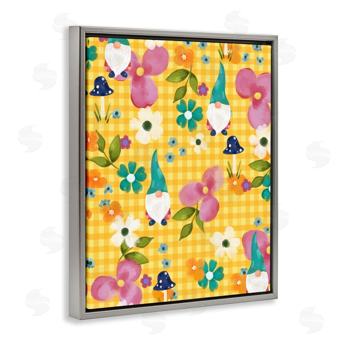 Laura Konyndyk Yellow Tartan Patterned Spring Gnomes Mushrooms  Gray Floating Frame Canvas Wall Art Print