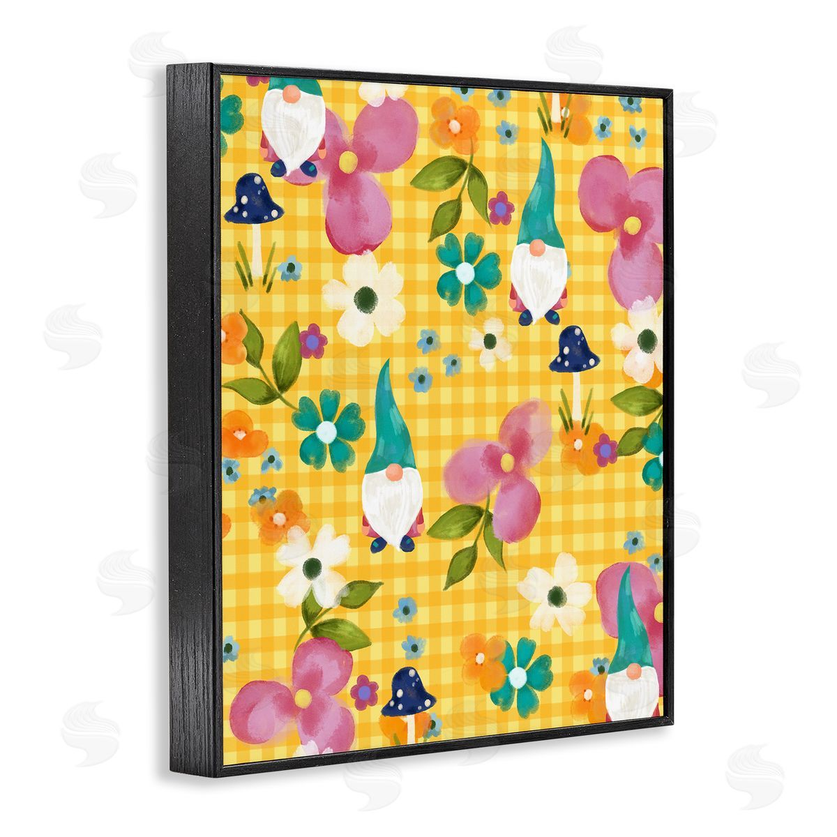 Laura Konyndyk Yellow Tartan Patterned Spring Gnomes Mushrooms  Black Framed Giclee Wall Art Print