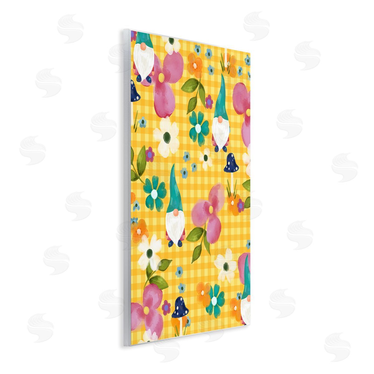 Laura Konyndyk Yellow Tartan Patterned Spring Gnomes Mushrooms  Wall Plaque Art Print