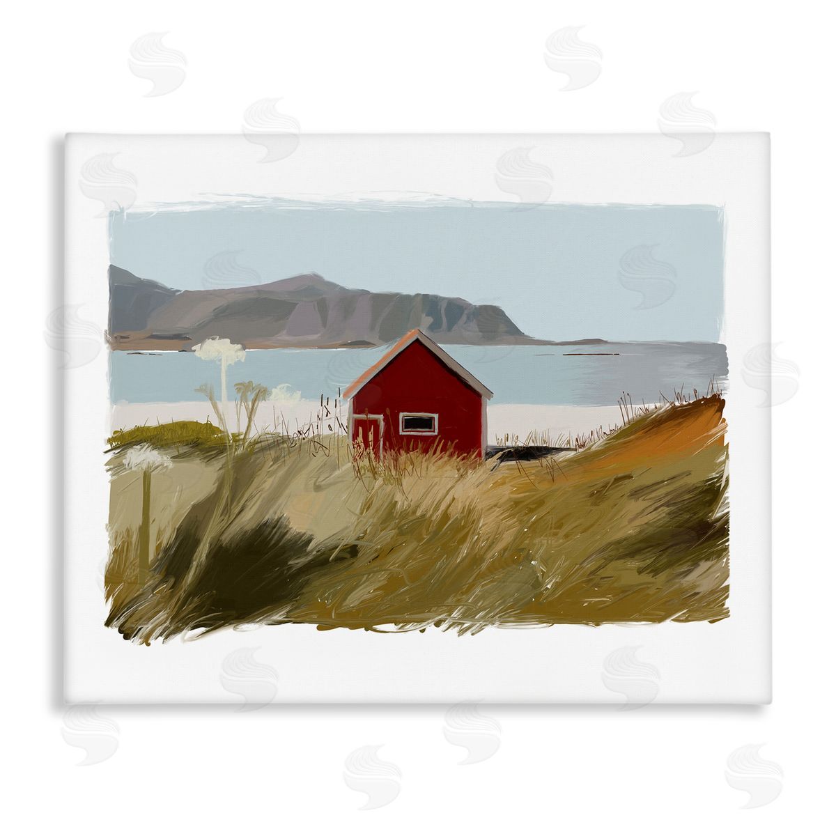 J. Weiss Lakeside Rural Red House Distant Mountain View  Stretched Canvas Wall Art Print