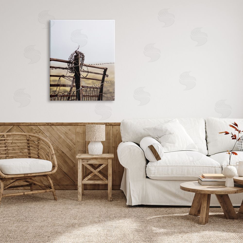 Leah Straatsma - NOT LICENSED YET Rural Meadow Fence Barbed Wire Countryside Photography Canvas Wall Art Print in Room