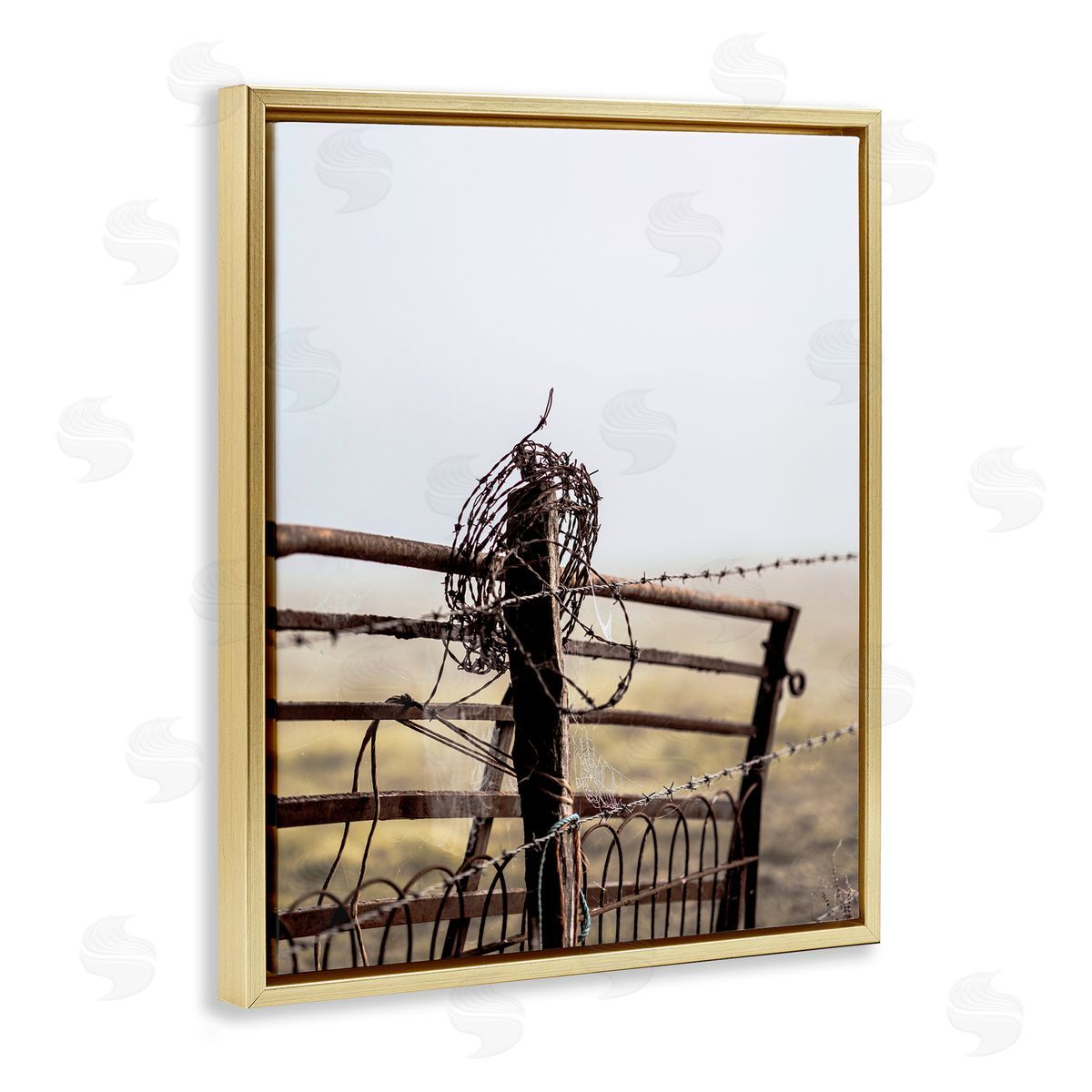 Leah Straatsma - NOT LICENSED YET Rural Meadow Fence Barbed Wire Countryside Photography Gold Floating Frame Canvas Wall Art Print