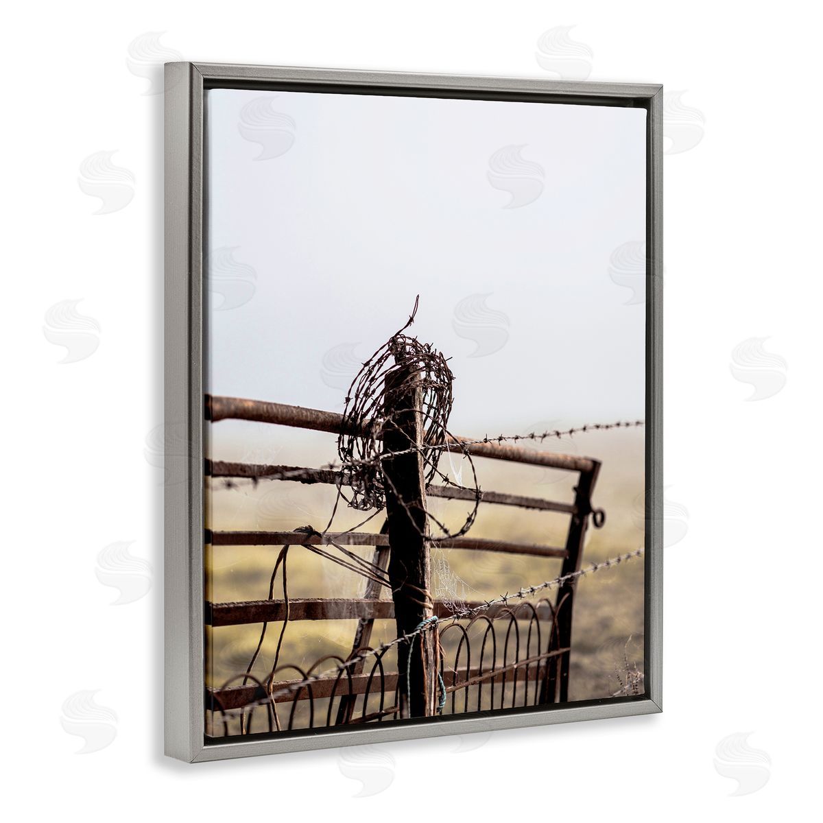 Leah Straatsma - NOT LICENSED YET Rural Meadow Fence Barbed Wire Countryside Photography Gray Floating Frame Canvas Wall Art Print