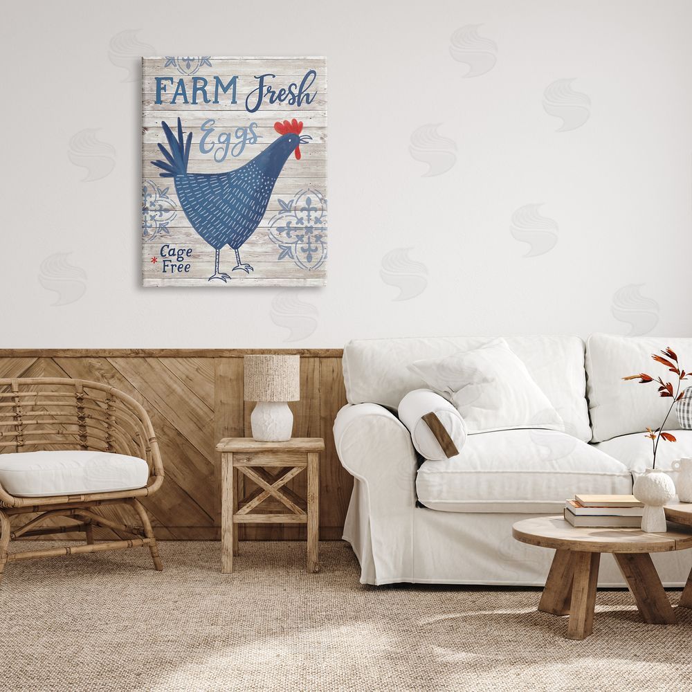 Nina Seven Farm Fresh Eggs Blue Rustic Chicken Planked Pattern Canvas Wall Art Print in Room