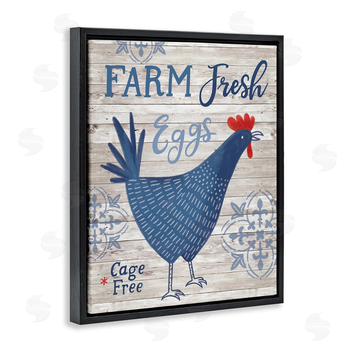 Nina Seven Farm Fresh Eggs Blue Rustic Chicken Planked Pattern Black Floating Frame Canvas Wall Art Print