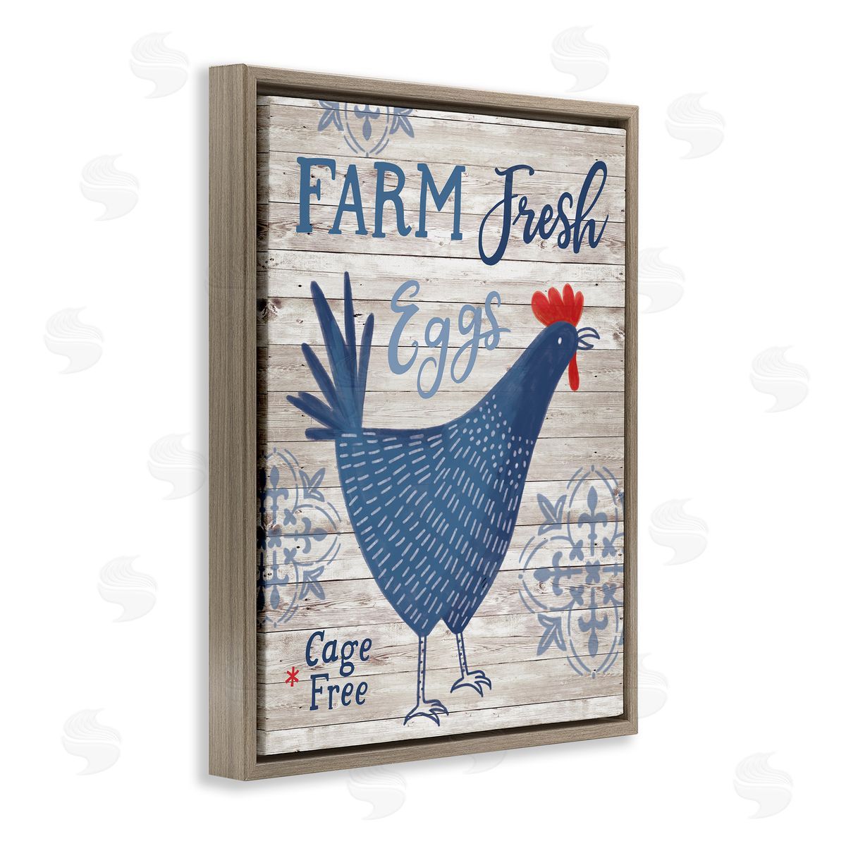 Nina Seven Farm Fresh Eggs Blue Rustic Chicken Planked Pattern Brown Floating Frame Canvas Wall Art Print