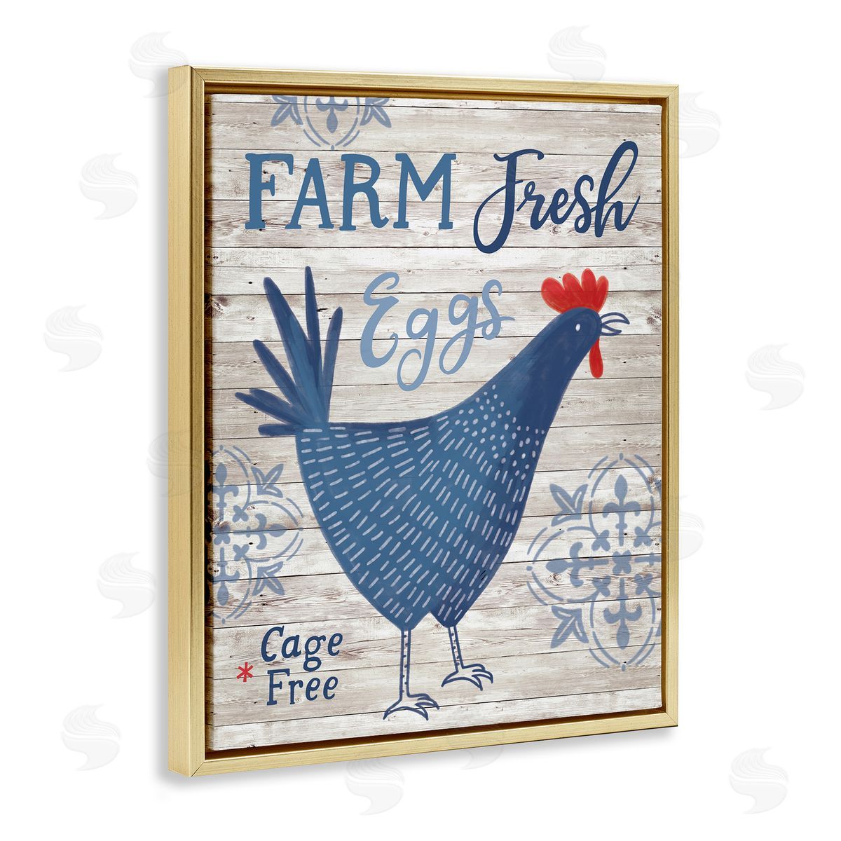 Nina Seven Farm Fresh Eggs Blue Rustic Chicken Planked Pattern Gold Floating Frame Canvas Wall Art Print