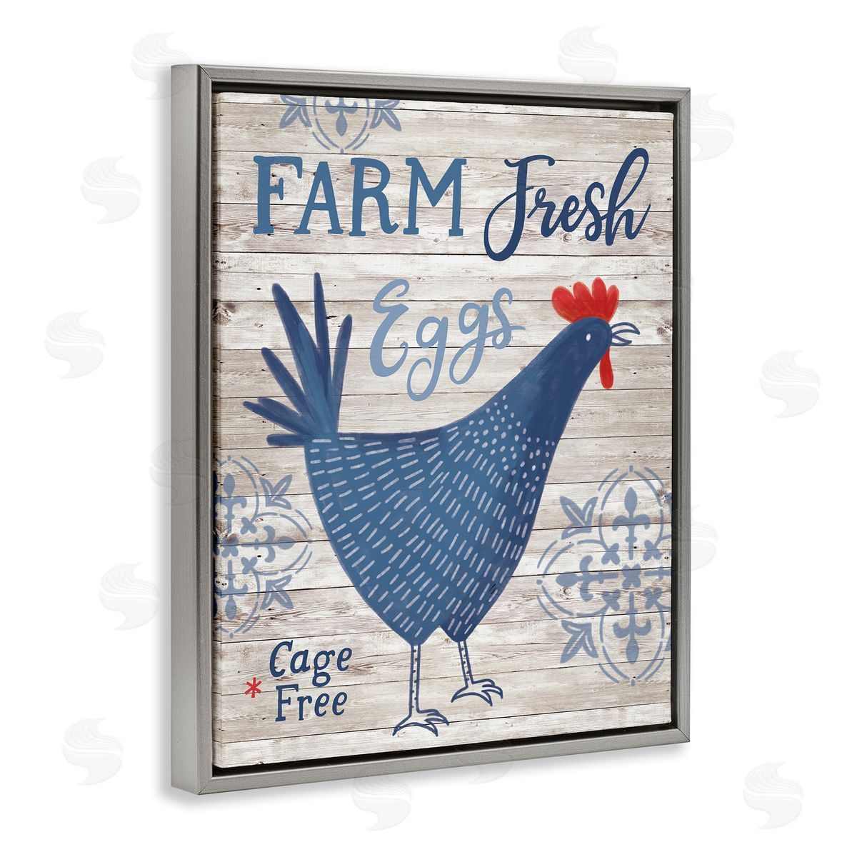 Nina Seven Farm Fresh Eggs Blue Rustic Chicken Planked Pattern Gray Floating Frame Canvas Wall Art Print