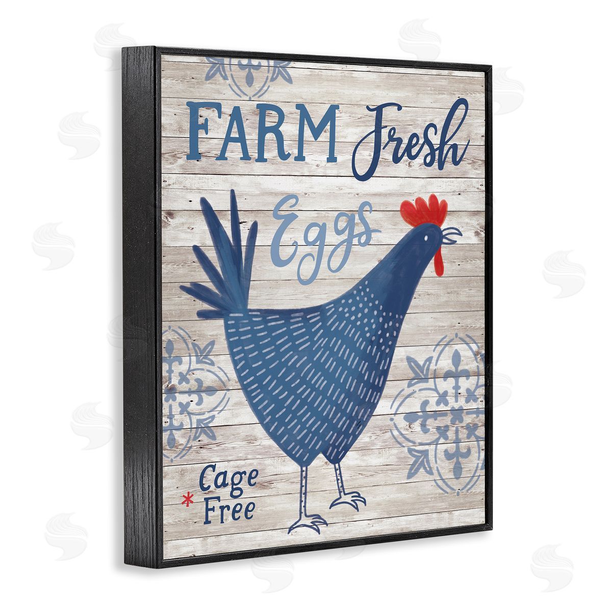 Nina Seven Farm Fresh Eggs Blue Rustic Chicken Planked Pattern Black Framed Giclee Wall Art Print