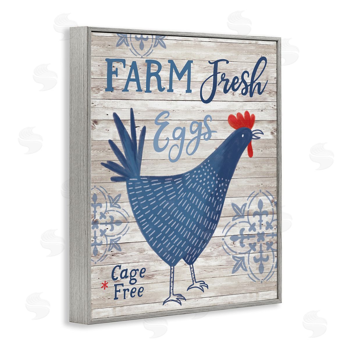 Nina Seven Farm Fresh Eggs Blue Rustic Chicken Planked Pattern Gray Framed Giclee Wall Art Print
