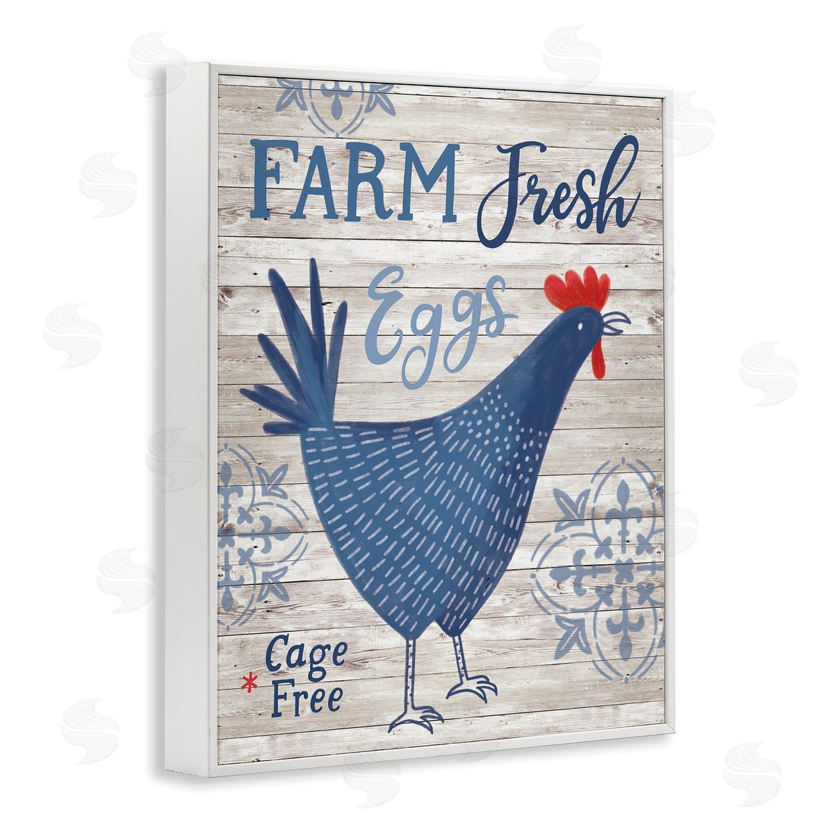Nina Seven Farm Fresh Eggs Blue Rustic Chicken Planked Pattern White Framed Giclee Wall Art Print
