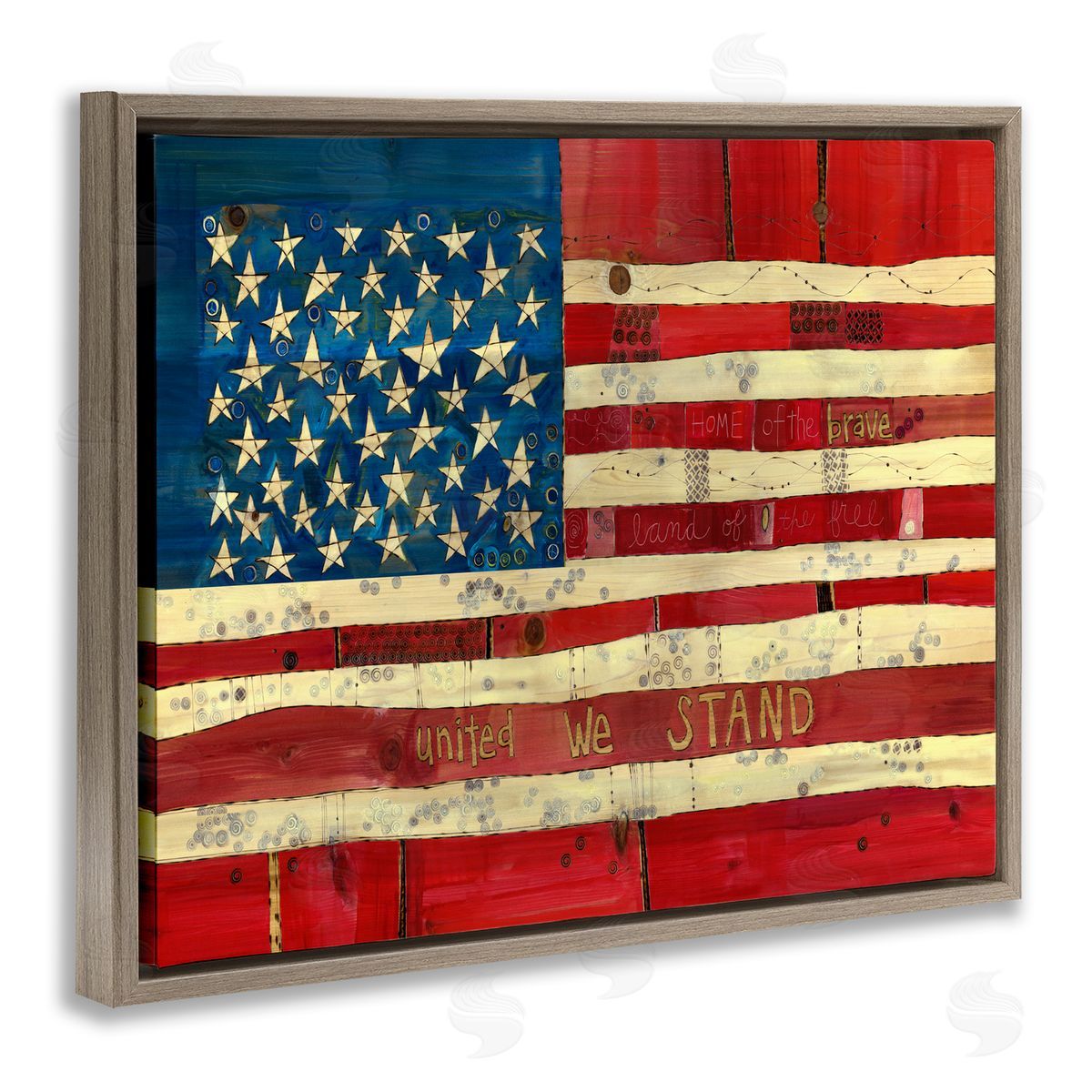 Stephanie Burgess United We Stand Independence Day Festive American Flag  Brown Floating Frame Canvas Wall Art Print