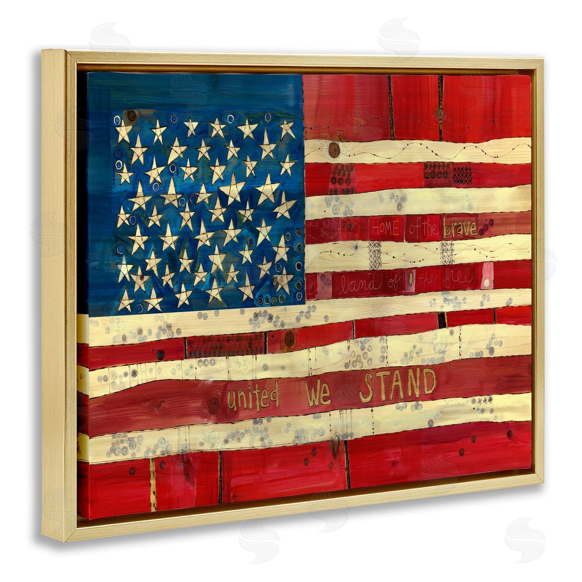 Stephanie Burgess United We Stand Independence Day Festive American Flag  Gold Floating Frame Canvas Wall Art Print