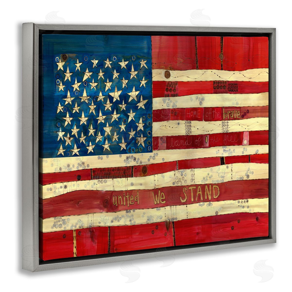 Stephanie Burgess United We Stand Independence Day Festive American Flag  Gray Floating Frame Canvas Wall Art Print