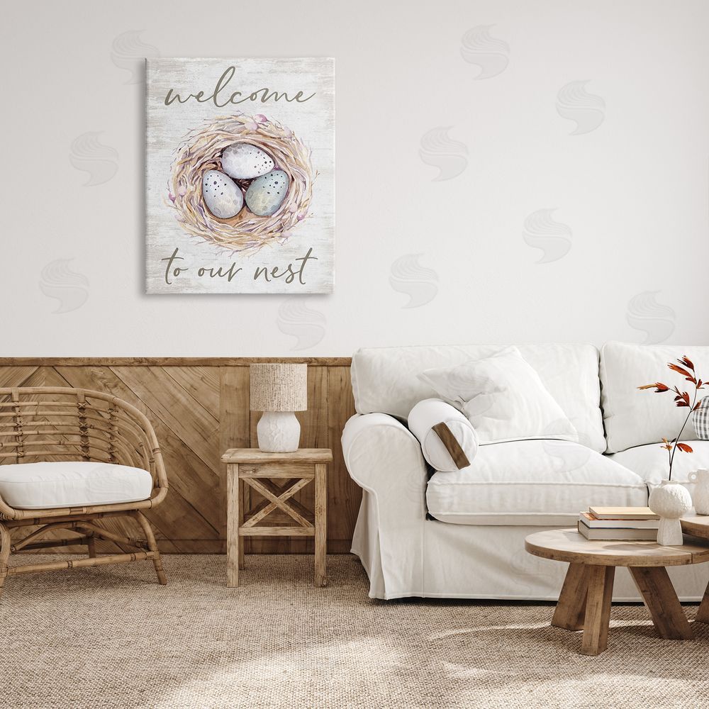 Lettered and Lined Welcome To Our Nest Rustic Bird Egg Sign  Canvas Wall Art Print in Room