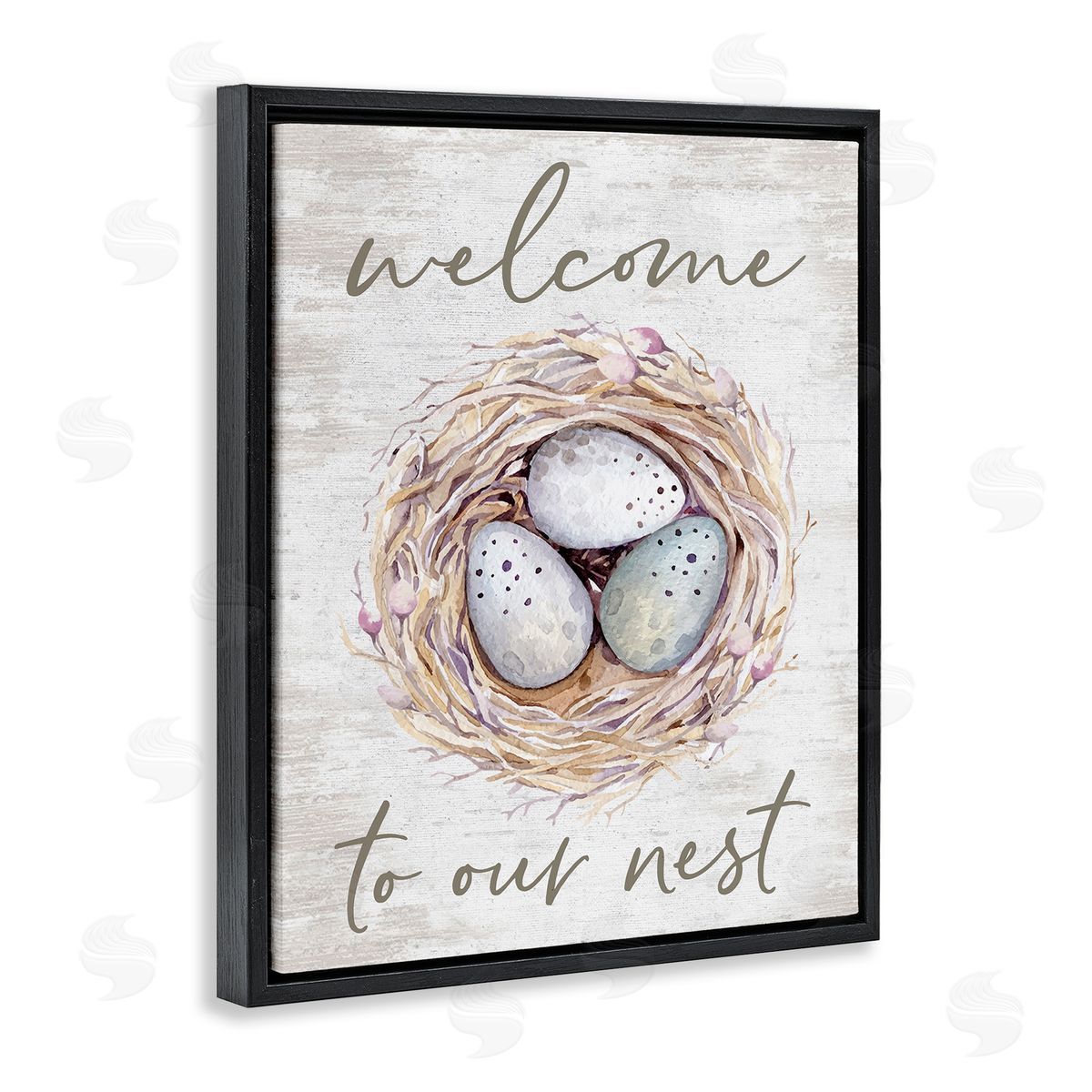 Lettered and Lined Welcome To Our Nest Rustic Bird Egg Sign  Black Floating Frame Canvas Wall Art Print