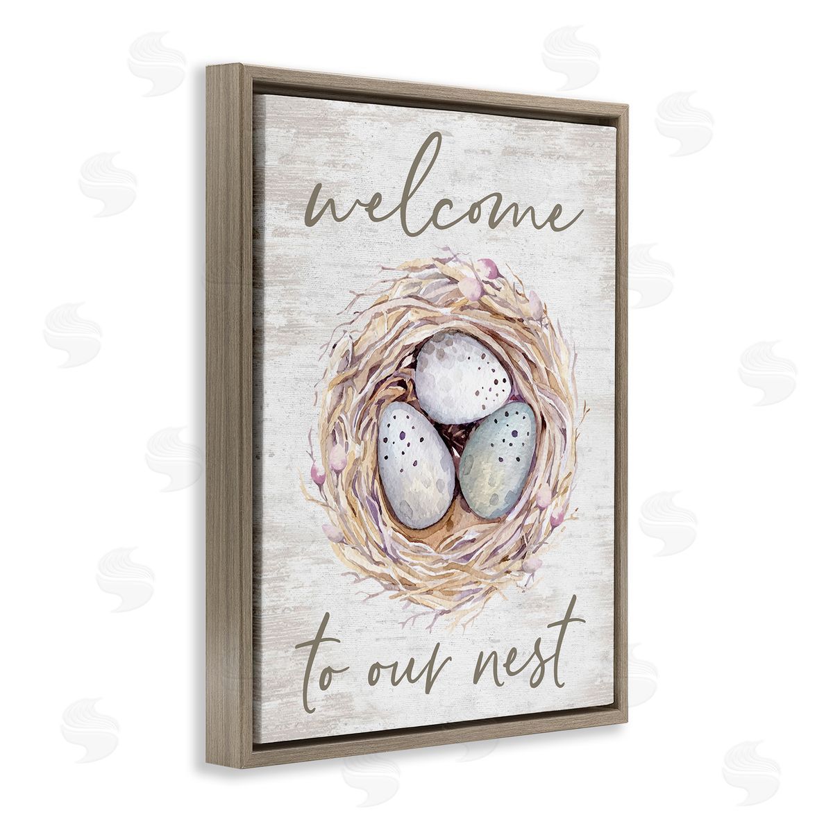 Lettered and Lined Welcome To Our Nest Rustic Bird Egg Sign  Brown Floating Frame Canvas Wall Art Print