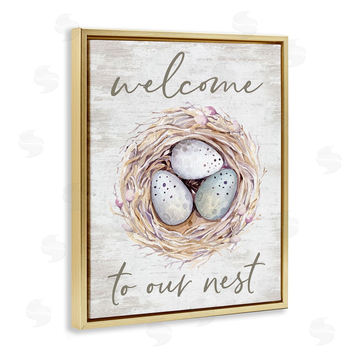 Lettered and Lined Welcome To Our Nest Rustic Bird Egg Sign  Gold Floating Frame Canvas Wall Art Print