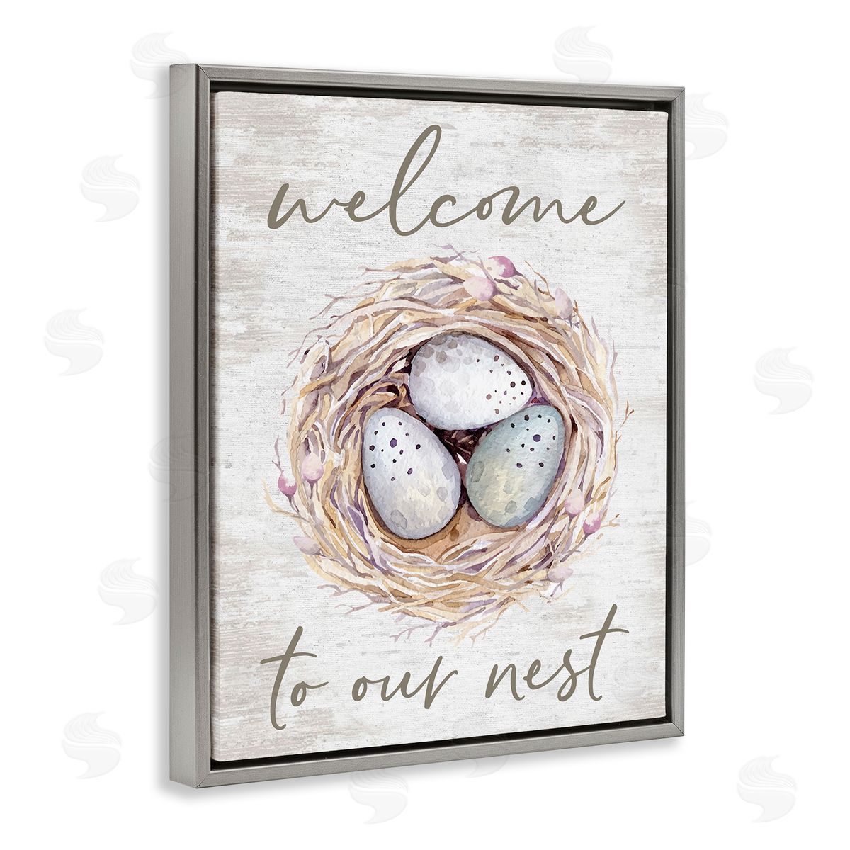 Lettered and Lined Welcome To Our Nest Rustic Bird Egg Sign  Gray Floating Frame Canvas Wall Art Print