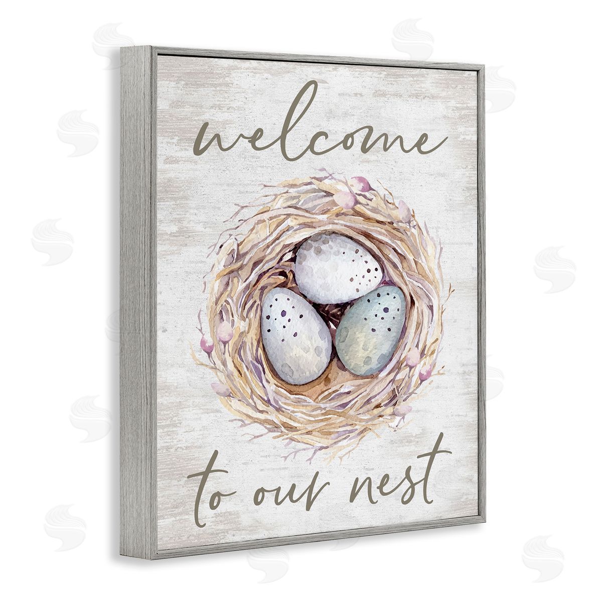 Lettered and Lined Welcome To Our Nest Rustic Bird Egg Sign  Gray Framed Giclee Wall Art Print
