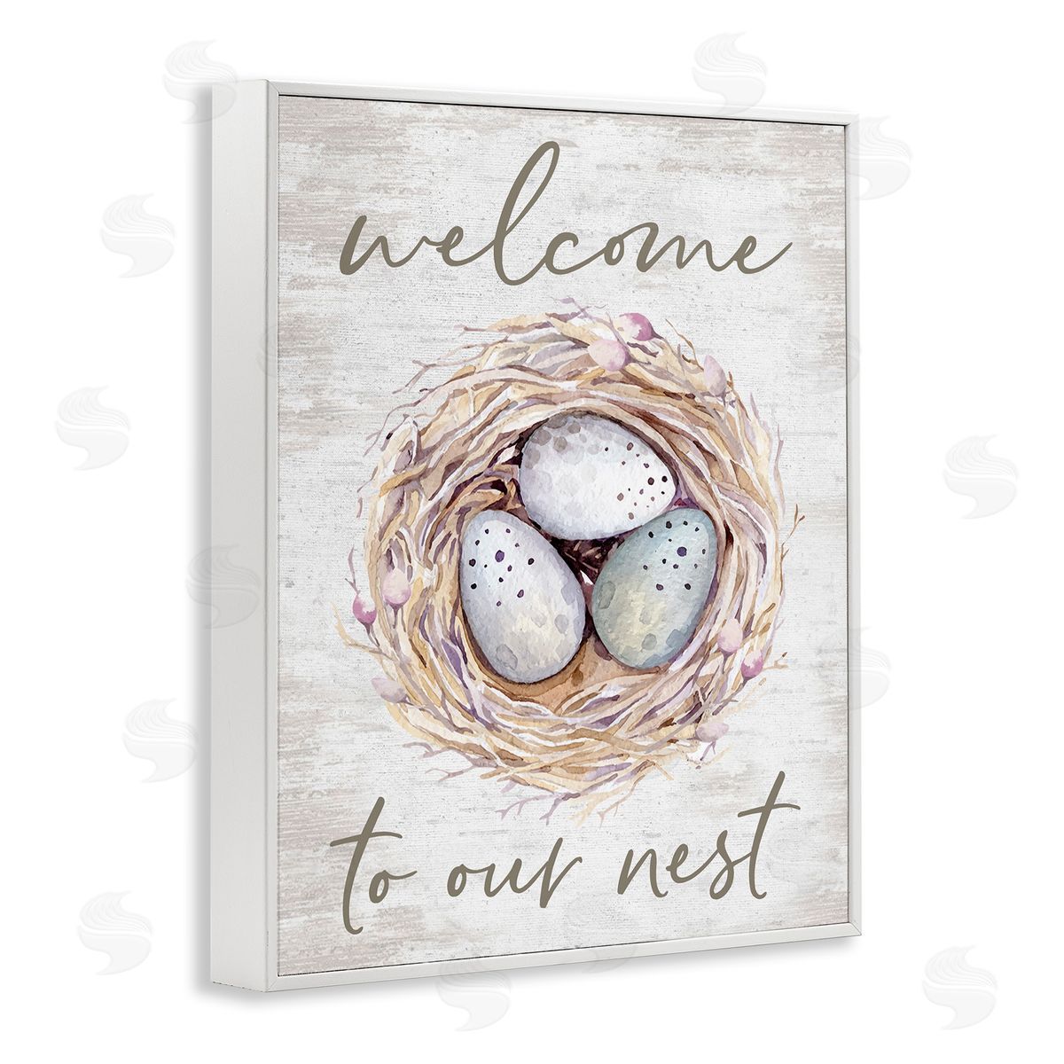 Lettered and Lined Welcome To Our Nest Rustic Bird Egg Sign  White Framed Giclee Wall Art Print